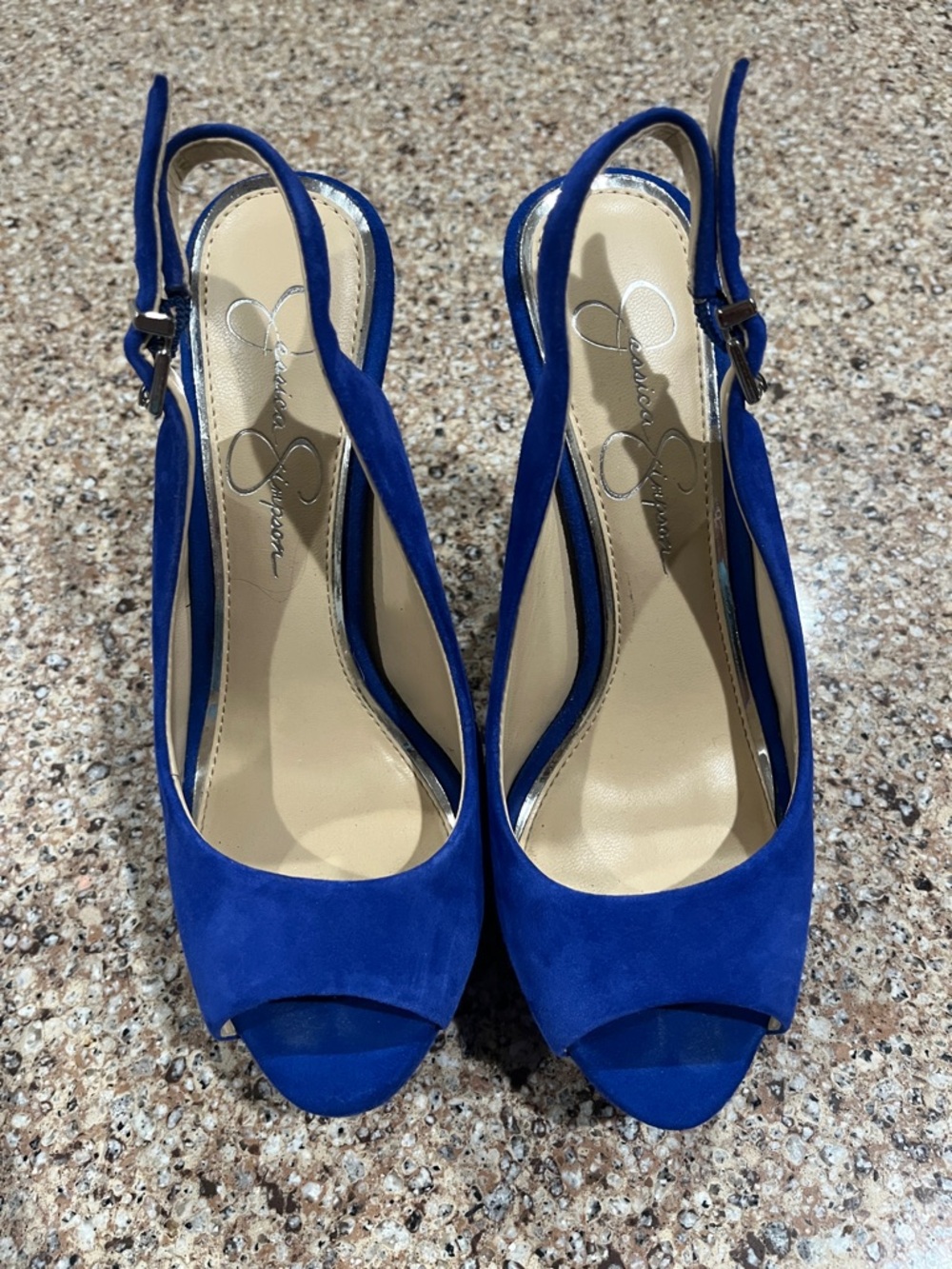 Jessica Simpson Cobalt Blue Suede Peep-Toe Slingback Heels